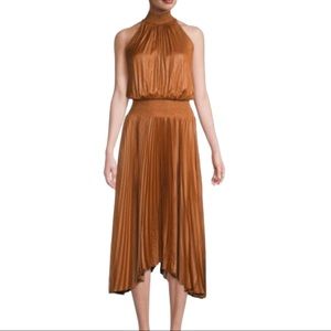 NWT ELIE TAHARI PLEATED BLOUSON MIDI DRESS IN SUMMER BROWN SIZE SMALL.
